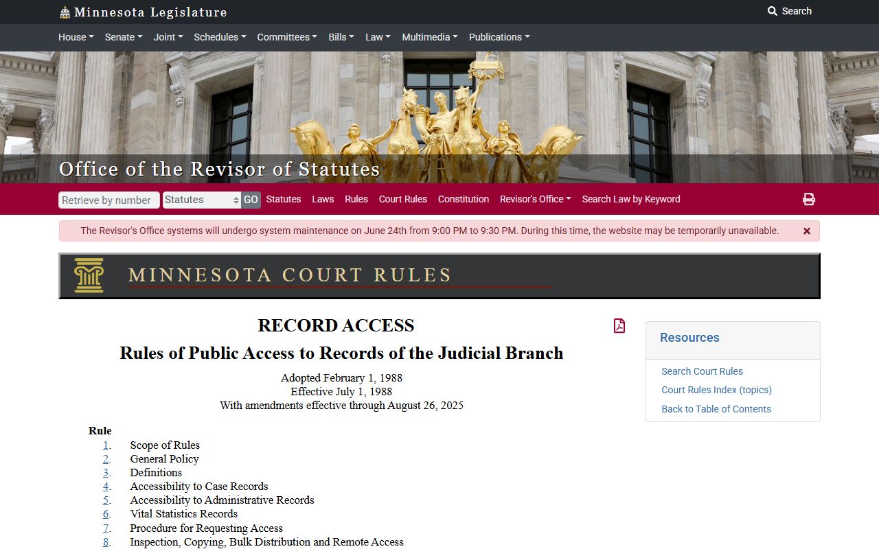 Scott County Court Administrator public access rules table of contents