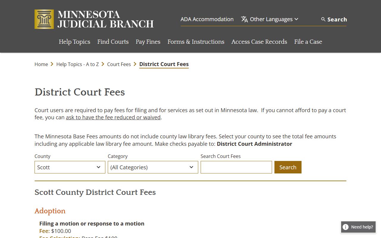 Scott County court dockets District Court fee page