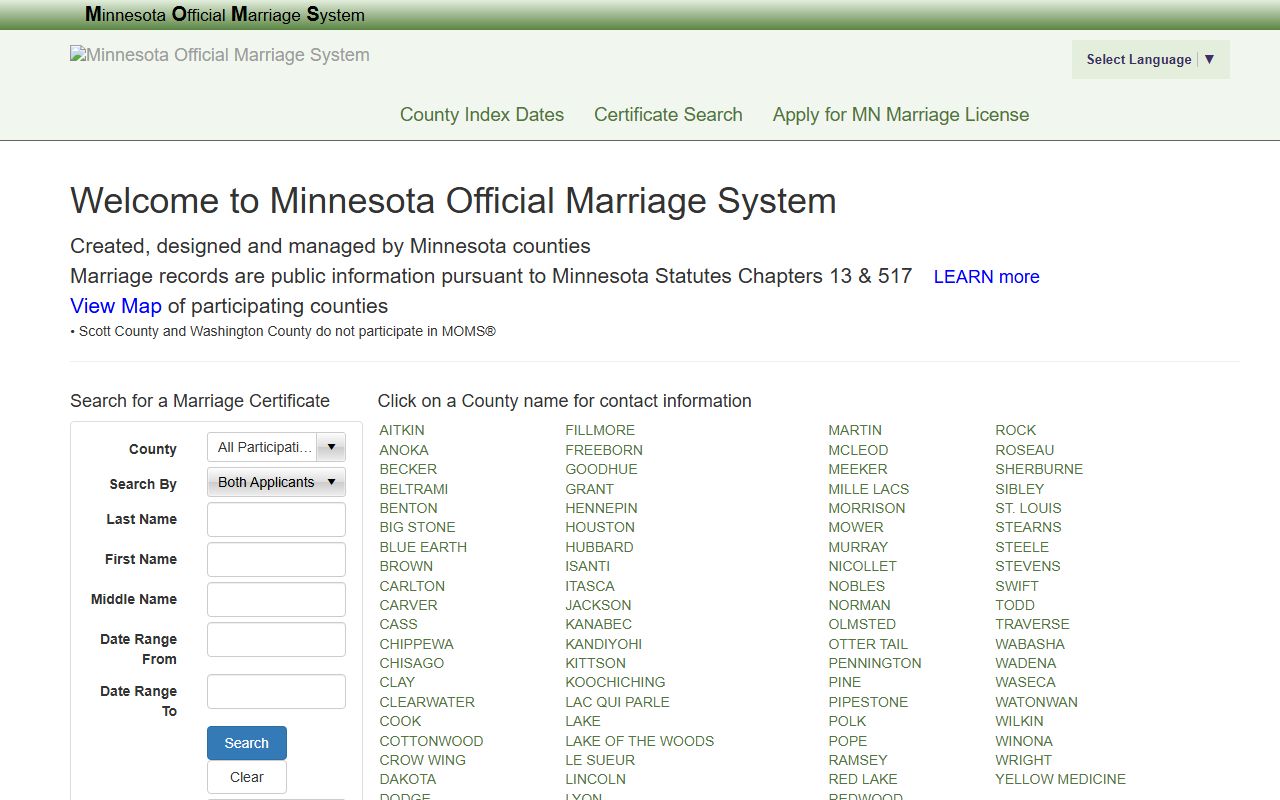 Scott County marriage and divorce records MOMS nonparticipation source